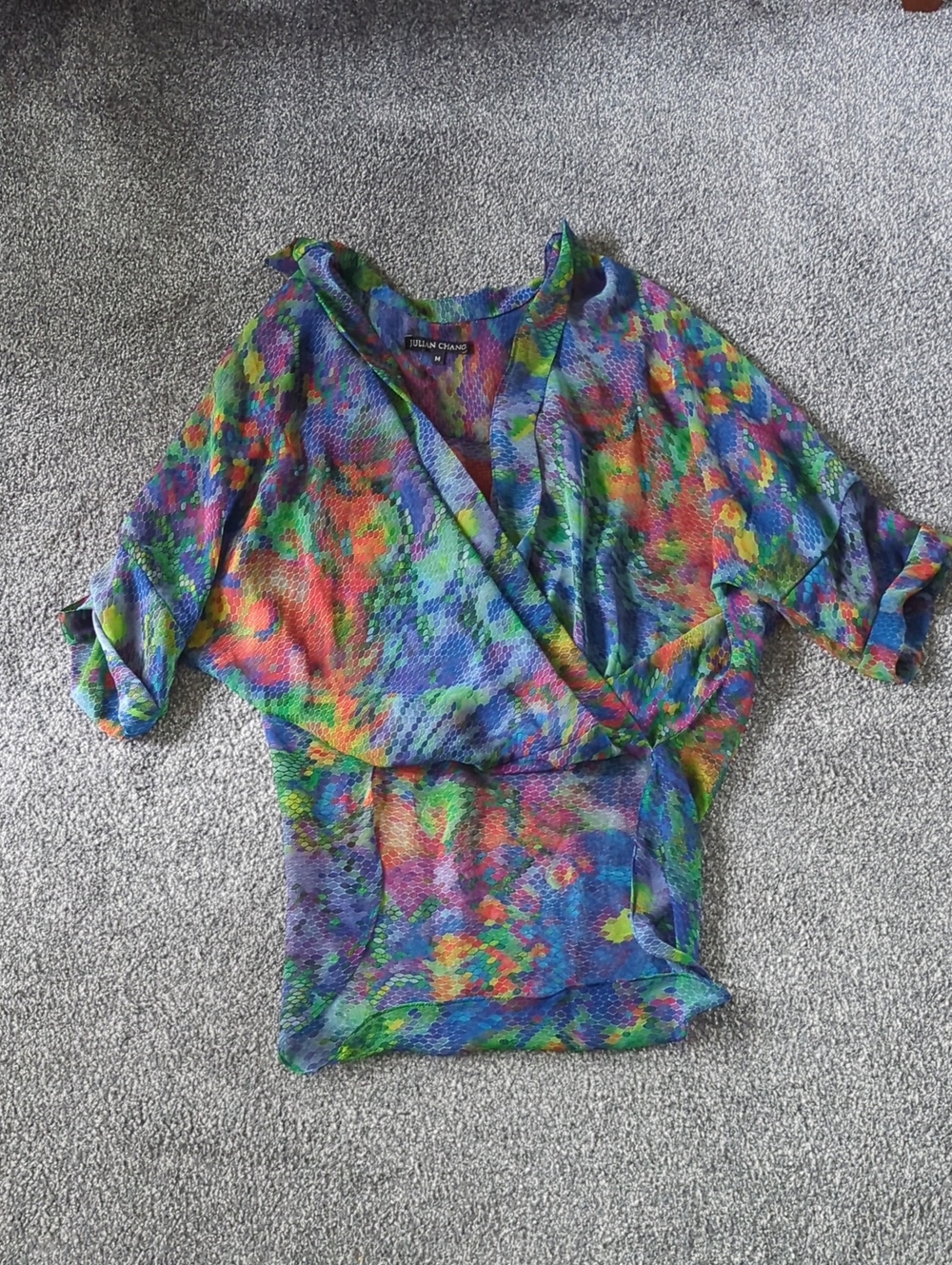 JULIAN CHANG Silk Rainbow Snakeskin Print Sheer Wrap Blouse Multi Color